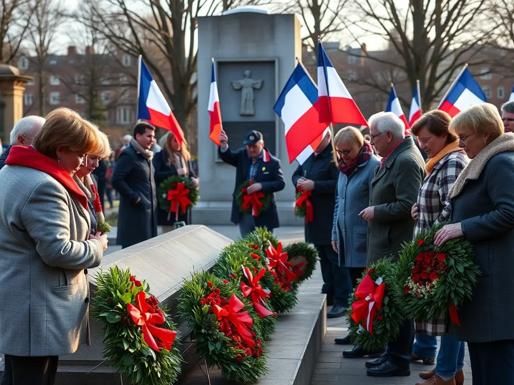 A solemn memorial ceremony with flags, wreaths, and participants paying tribute at a war memorial, symbolizing the organization's commitment to honoring the fallen.