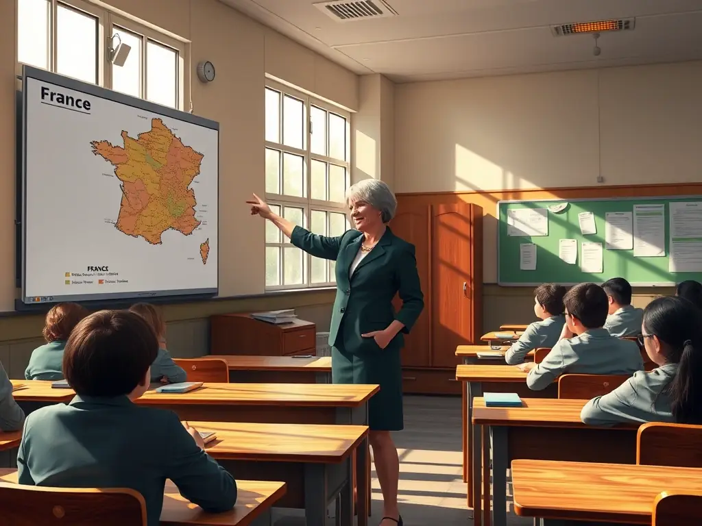 A photograph depicting a classroom setting where a Le Souvenir Français volunteer is teaching a group of students about French history and the importance of remembrance.