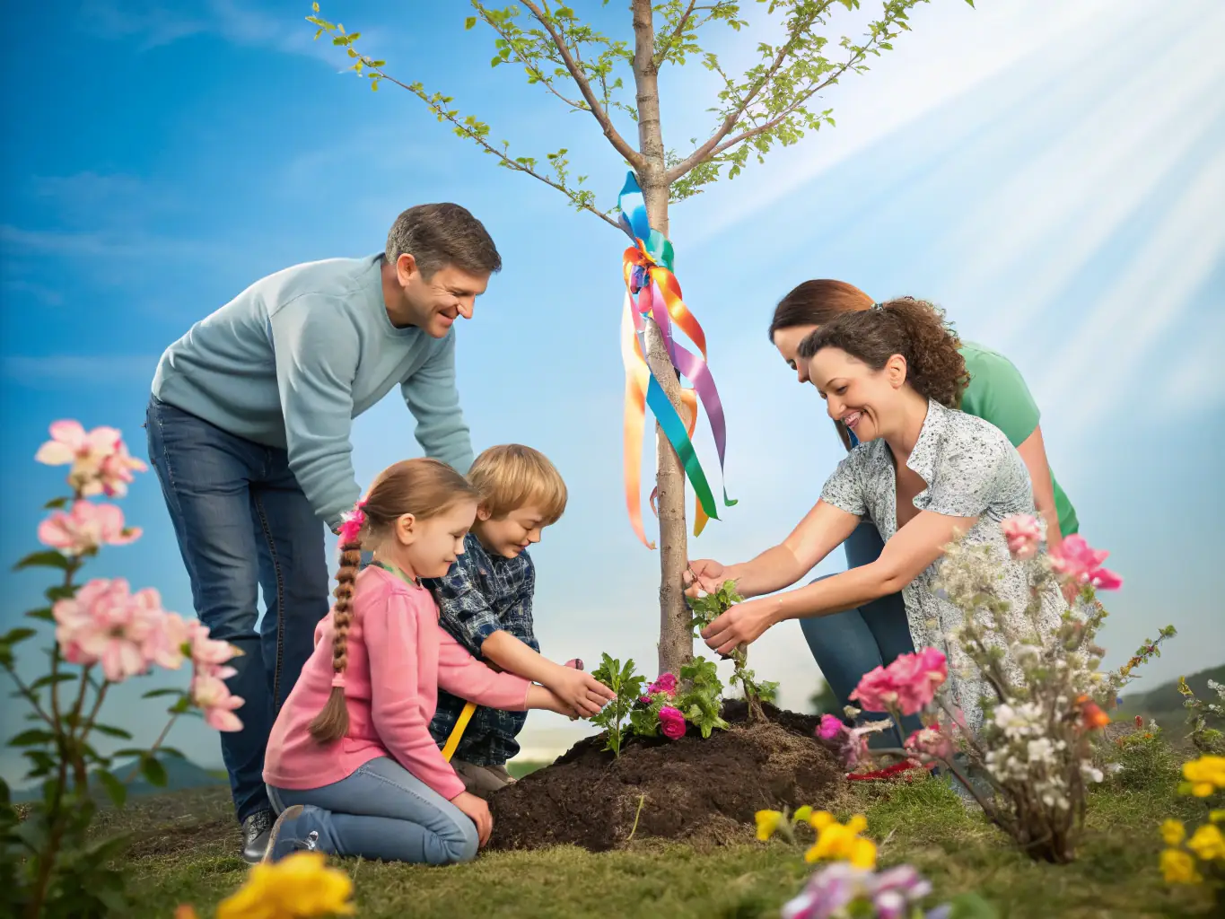 Community members planting flowers at a memorial site during a remembrance event, showcasing the organization's engagement with local communities.