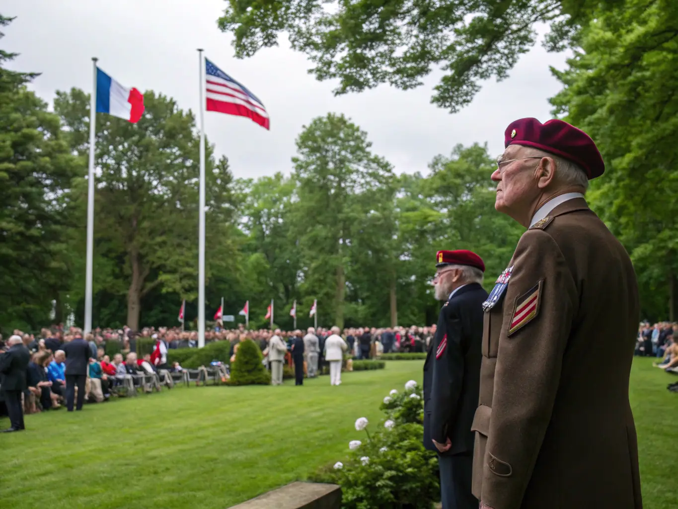 A solemn memorial ceremony with veterans and community members gathered around a war monument, paying respects to the fallen soldiers of France. The atmosphere is respectful and dignified.