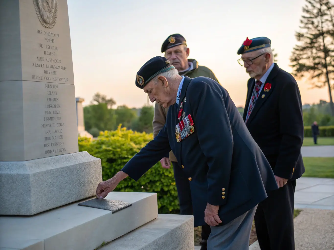 A photograph capturing a solemn commemorative event organized by Le Souvenir Français, such as a memorial service or a wreath-laying ceremony at a war monument.