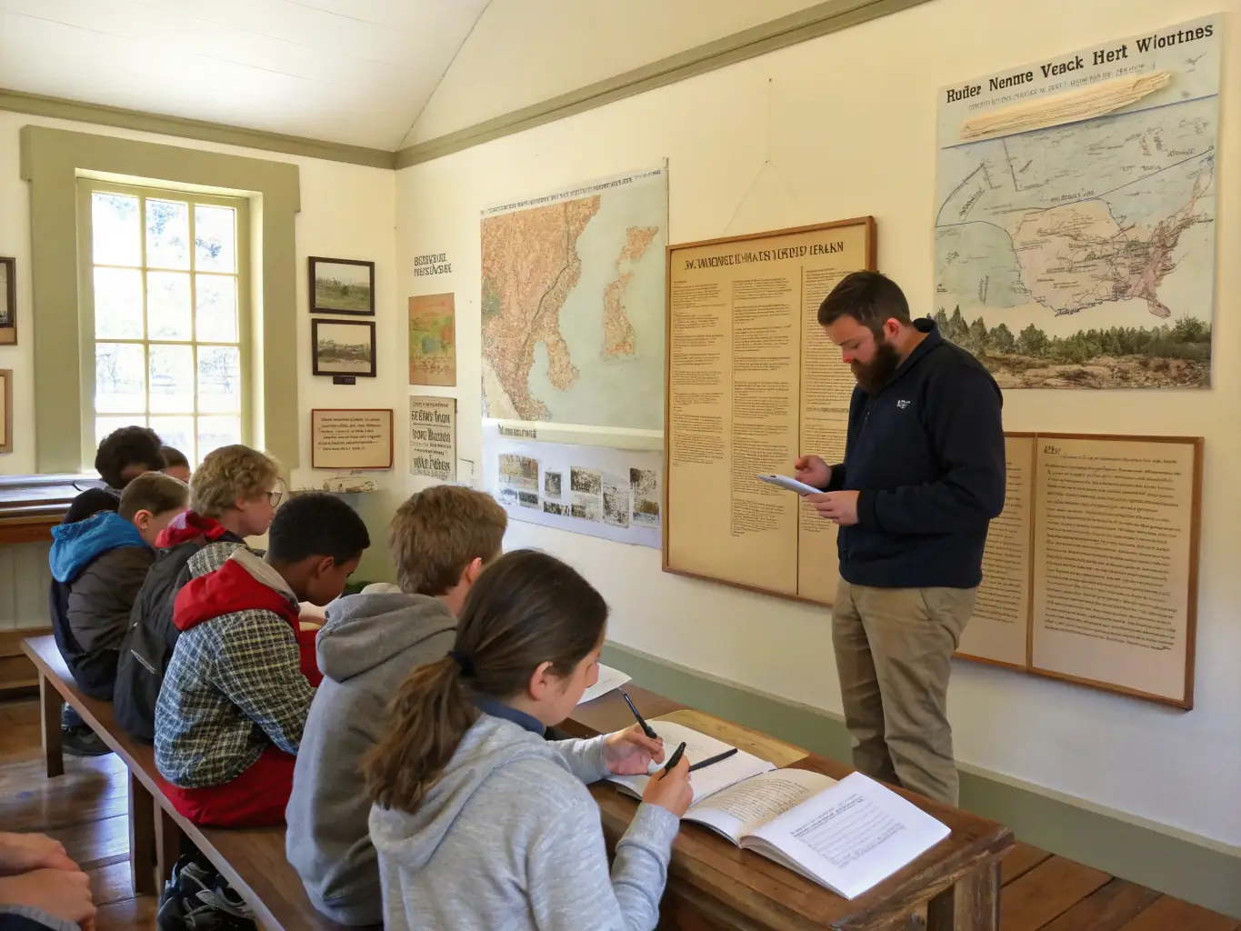 A classroom setting where a historian is teaching students about French history and the sacrifices made by soldiers, using interactive materials and discussions.